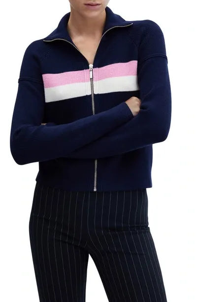 Mango Stripe Front Zip Sweater In Dark Navy