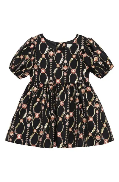 Peek Essentials Babies' Infinity Vine Puff Sleeve Dress In Black Print