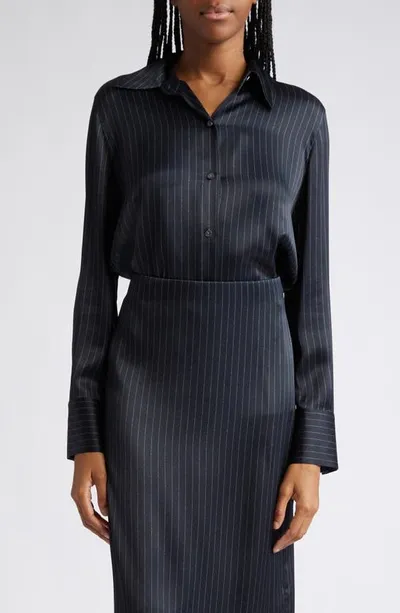 Vince Pinstripe Button-up Shirt In Dark Obsidian