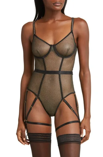 Coquette Shimmery Underwire Fishnet Teddy With Garter Straps In Black