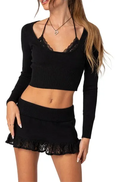 Edikted Peekaboo Halter Crop Sweater In Black