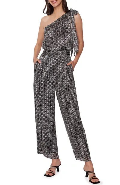 Lost + Wander Mira Geo Print One-shoulder Jumpsuit In Black Ivory Multi