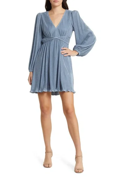 Floret Studios Pleated Long Sleeve Minidress In Blue