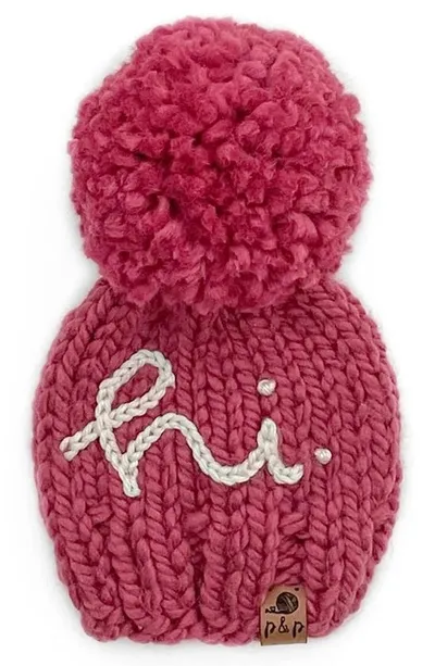 Pine + Poppy Kids' Hi Embroidered Pompom Hat In Rich Pink