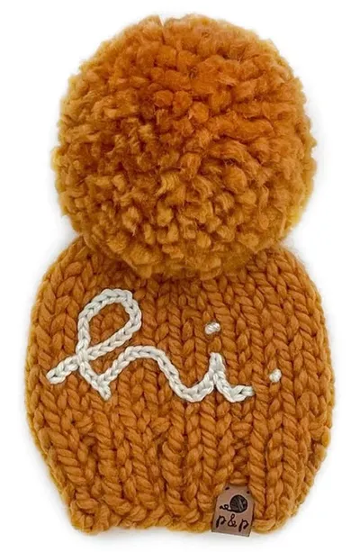 Pine + Poppy Kids' Hi Embroidered Pompom Hat In Golden Orange