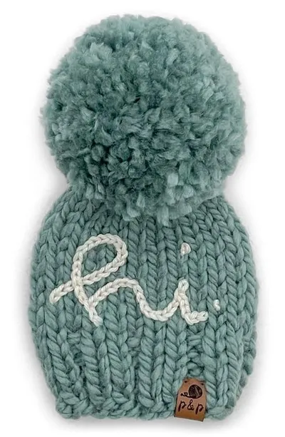 Pine + Poppy Kids' Hi Embroidered Pompom Hat In Soft Green