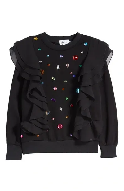 Lola & The Boys Lola + The Boys Kids' Rainbow Rhinestone Ruffle Sweatshirt In Black