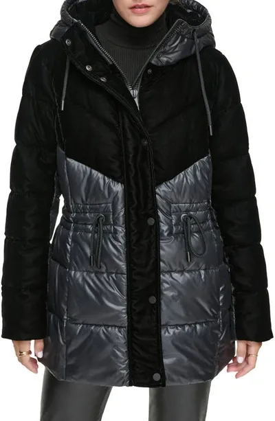 Andrew Marc Velvet Panel Hooded Puffer Jacket In Black