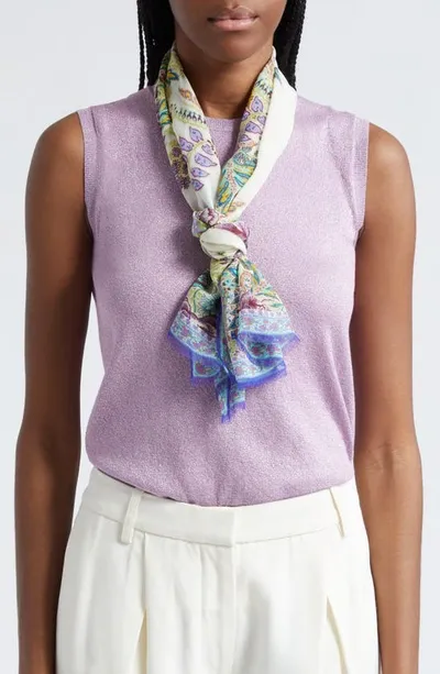 Etro Floral Print Silk Fringe Scarf In Print On White Base