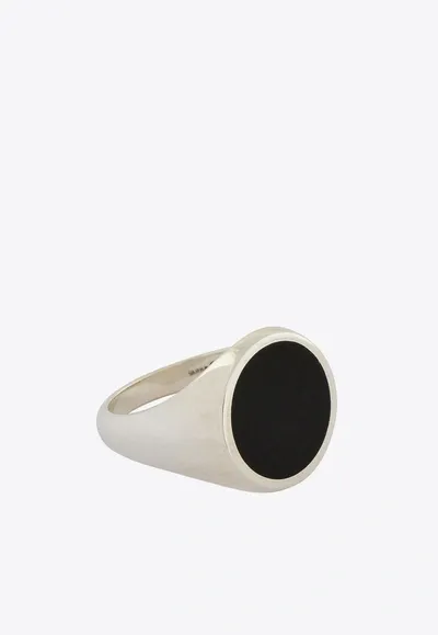 Nove25 Black Enamel Round Chevalier Ring In Metallic