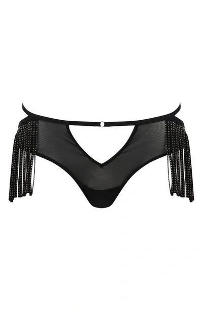 Love, Vera Fringe Rhinestone Cutout High Waist Mesh Panties In Black