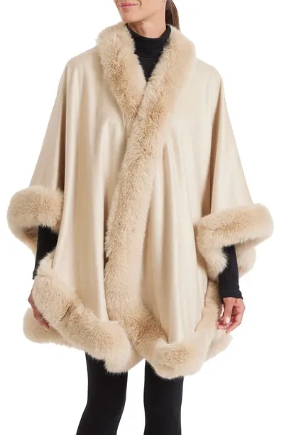 Sofia Cashmere Faux Fur Trim Cashmere Cape In Oat