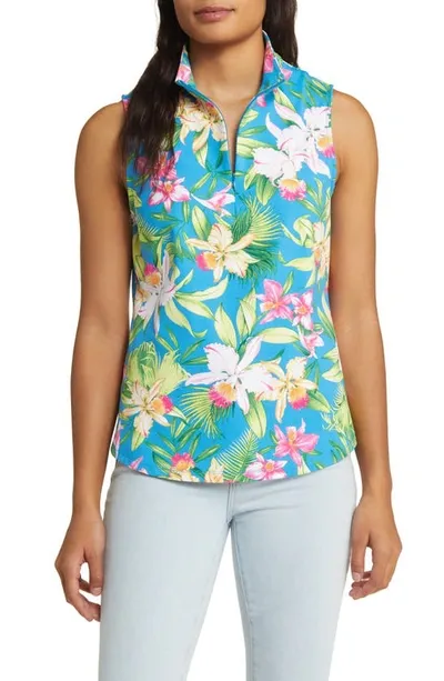 Tommy Bahama Aubrey Bayside Blooms Sleeveless Half Zip Top In Blue