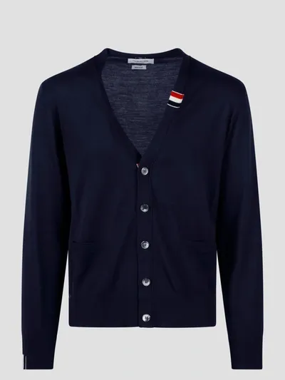 Thom Browne Rwb Stripe Fine Merino Wool Cardigan In Blue