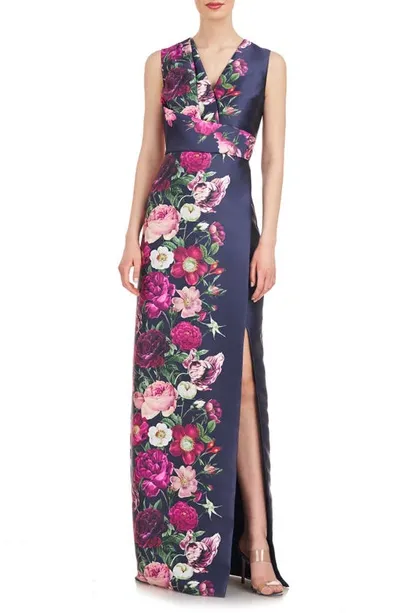 Kay Unger Coraline Floral Faux Wrap Sheath Gown In Dark Midnight