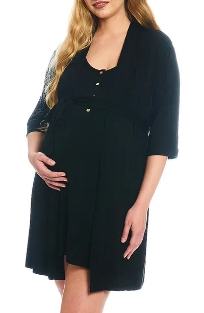 Everly Grey Elia Maternity/nursing Robe & Nightgown Set In Black