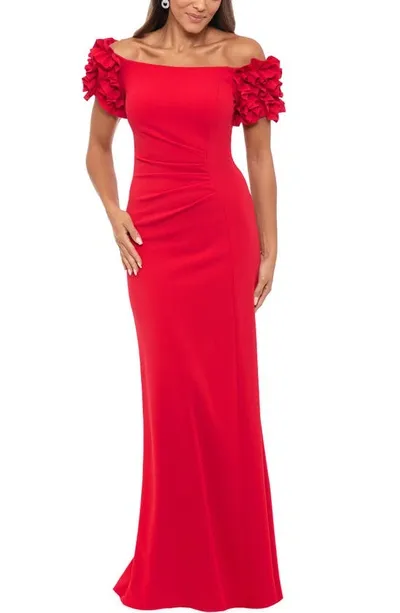 Xscape Ruffle Off The Shoulder Scuba Crepe Gown In Red