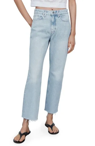 Mango High Waist Raw Hem Straight Leg Ankle Jeans In Light Blue