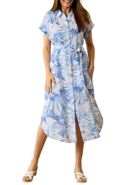 Tommy Bahama Palma Paradise Print Tie Waist Linen Midi Shirtdress In Ocean Cloud