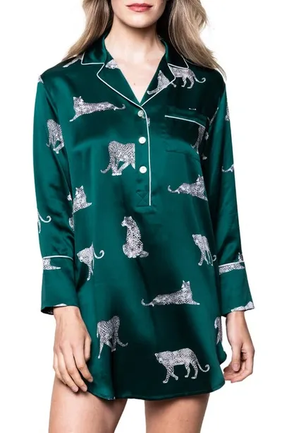 Petite Plume Panther Print Piped Mulberry Silk Nightshirt In Green