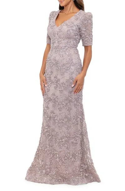 Xscape Evenings Soutache Short Sleeve Fit & Flare Gown In Taupe