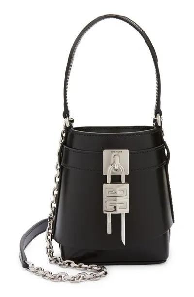 Givenchy Micro Shark Lock Leather Bucket Bag In 001-black