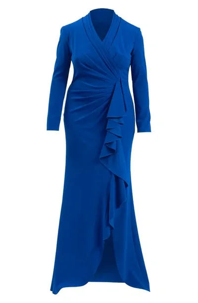 Tadashi Shoji Ruched Long Sleeve Column Gown In Mystic Blue