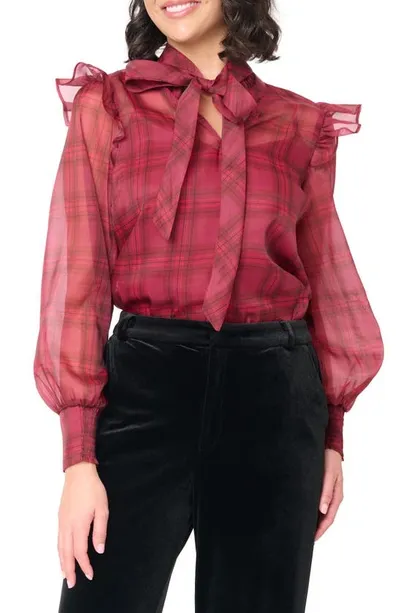 Gibsonlook Festive Plaid Ruffle Organza Shirt In Mulberry Wine Plaid