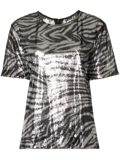 Halpern Crewneck Short-sleeve Zebra-print Sequin Tee In Metallic