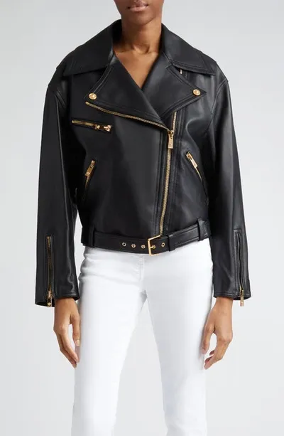 Versace Leather Biker Jacket In Black