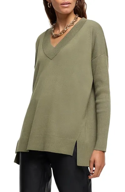 River Island V-neck Sweater In Khaki