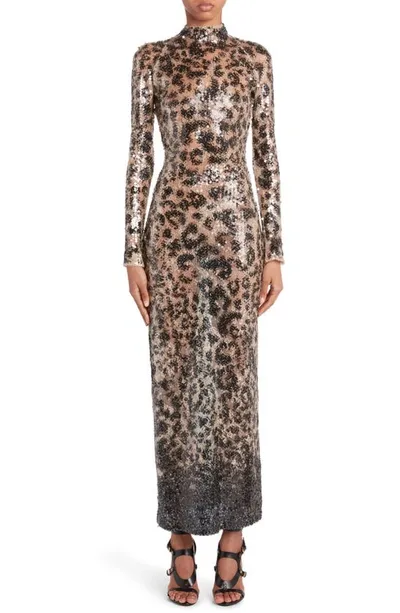 Tom Ford Sequin Leopard Print Long Sleeve Gown In Marron Glace