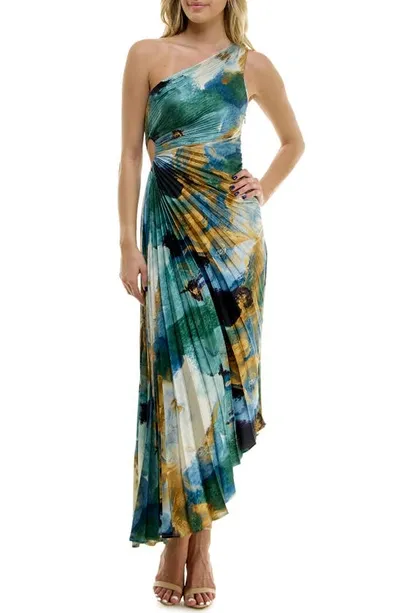 Socialite Print Asymmetric Hem Pleated Maxi Dress In Teal- Bronze Print