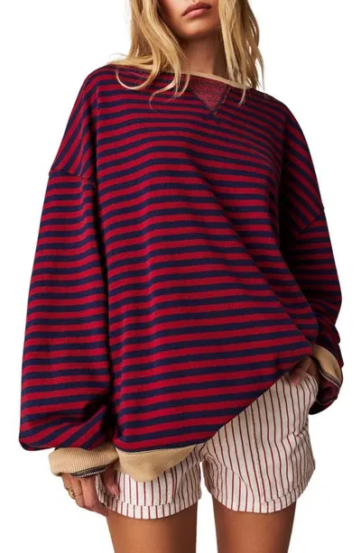 Free People Oversize Stripe Sweatshirt In Red