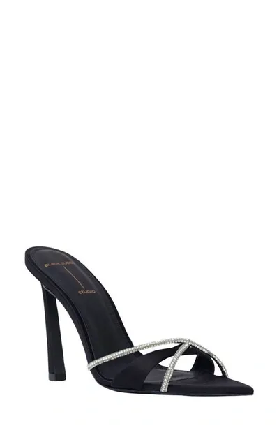 Black Suede Studio Sienna Pointed Toe Slide Sandal In Black Satin Crystal Stones