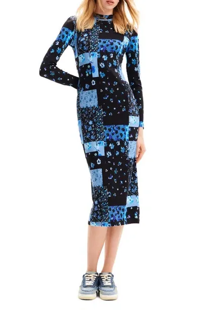 Desigual Los Angeles Floral Patchwork Long Sleeve Rib Midi Dress In Blue