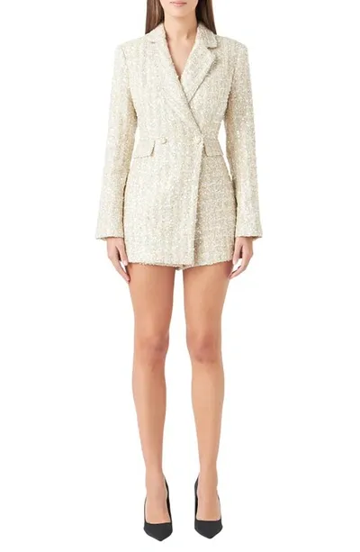 Endless Rose Sequin Tweed Long Sleeve Blazer Romper In Gold