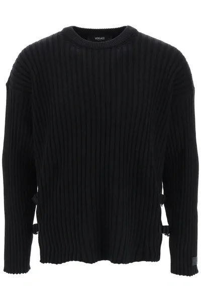 Versace Ribbed Knit Sweater With Leather Straps In Black