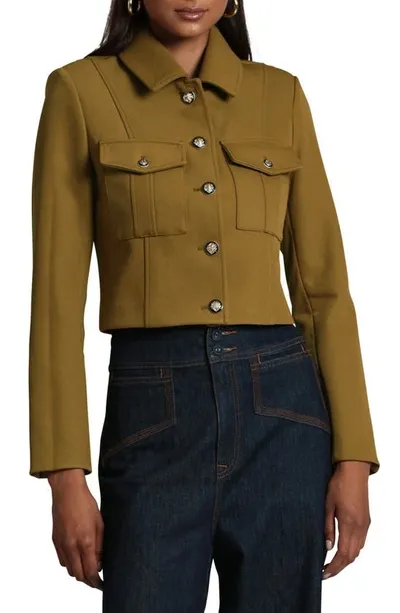 Avec Les Filles Crop Stretch Ponte Military Jacket In Olive