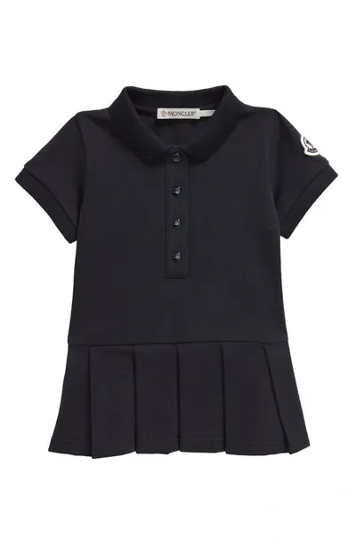 Moncler Kids' Logo Patch Pleated Piqué Polo Dress In Blue Navy