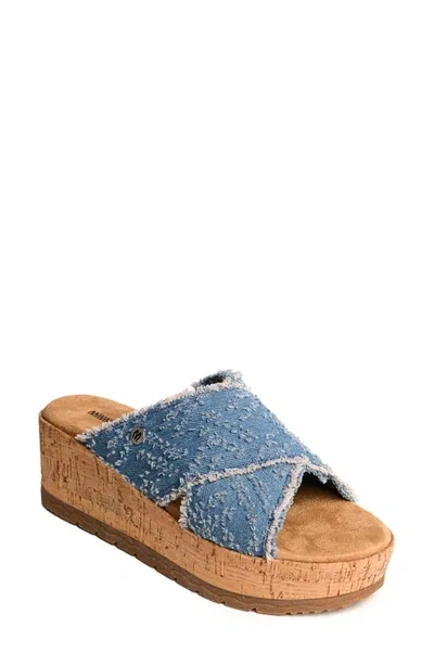 Minnetonka Posey Platform Wedge Slide Sandal In Blue Distressed Denim