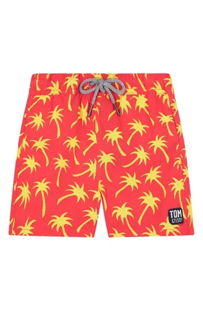 Tom & Teddy Kids' Palm Tree Print Swim Trunks In Coral & Lime