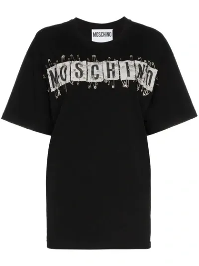 Moschino Logo Safety Pin Applique Cotton T Shirt In Black