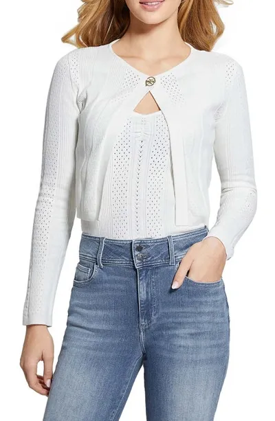 Guess Cecilia Cotton Blend Pointelle Cardigan In Cream White