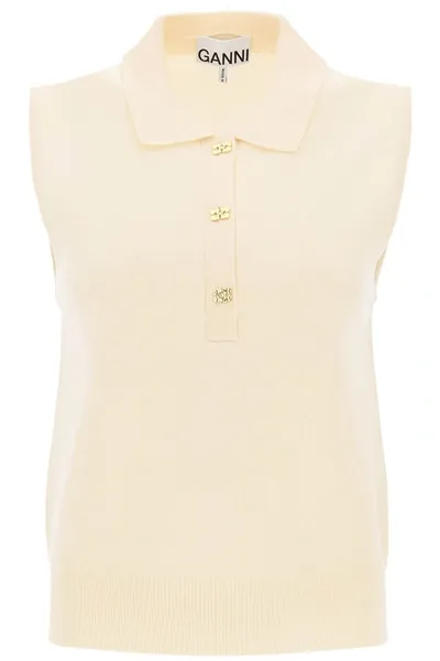 Ganni Sleeveless Polo Shirt In Wool And Cashmere In Neutrals