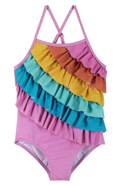 Andy & Evan Kids' Girl's Multicolor Ruffle One-piece Swimsuit In Purple Rainbow