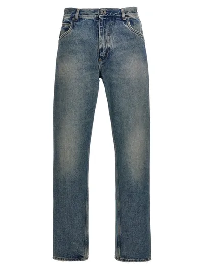 Balmain Logo Embroidery Denim Jeans In Blue