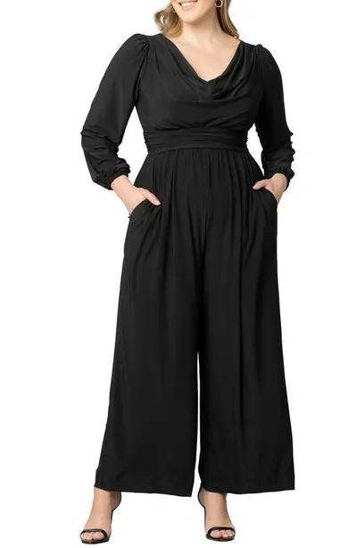 Kiyonna Natalia Cowl Neck Long Sleeve Jumpsuit In Black Noir