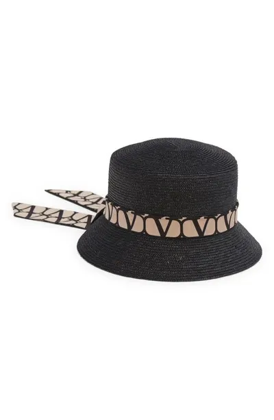 Valentino Garavani Vlogo Toile Twilly Straw Bucket Hat In Nero Beige Nero