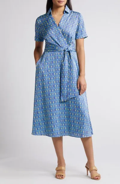 Tahari Asl Geo Print Short Sleeve Midi Shirtdress In Aqua Lime